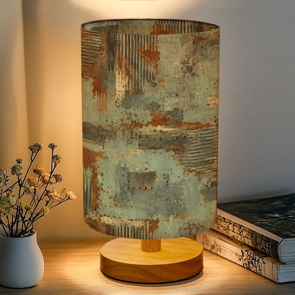 16-Color Dimmable Table Lamp, Old Rusty Galvanized Metal Panel Surface Corrosion Bedside Nightstand Light with Wood Base Fabric Shade, Gifts for Kids Bedroom Nursery Living Room Office