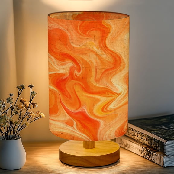 16-Color Dimmable Table Lamp, Orange Abstract Fluid Marble Swirling Waves Bedside Lamp Nightstand Light for Bedroom Nursery, Wood Base Fabric Shade Reading Lamps Gifts for Kids