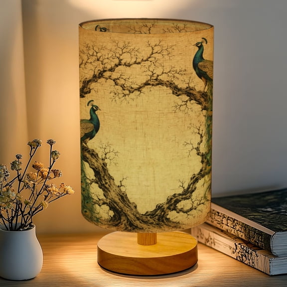 16-Color Dimmable Table Lamp, Pair Elegant Peacocks Curved Tree Branches Detailed Feathers Bedside Lamp Nightstand Light for Bedroom Nursery, Wood Base Fabric Shade Reading Lamps Gifts for Kids
