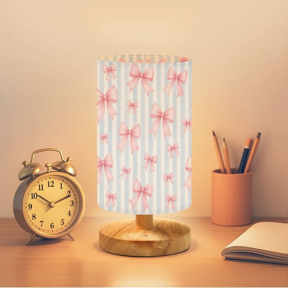 16-Color Dimmable Table Lamp, Pink Bow Pale Blue White Striped Bedside Lamp Nightstand Light for Bedroom Nursery, Wood Base Fabric Shade Reading Lamps Gifts for Kids