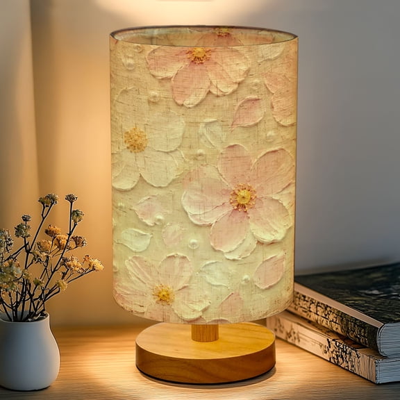 16-Color Dimmable Table Lamp, Pink White Hand Painted Floral Pearl Accents Cream Bedside Nightstand Light with Wood Base Fabric Shade for Bedroom Nursery Dorm Gifts