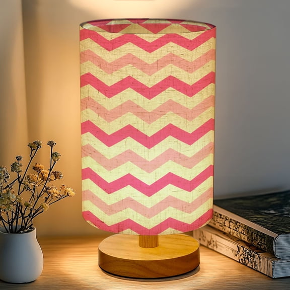 16-Color Dimmable Table Lamp, Pink Zigzag Alternating Light Bold Stripes Modern Bedside Lamp Nightstand Light for Bedroom Nursery, Wood Base Fabric Shade Reading Lamps Gifts for Kids