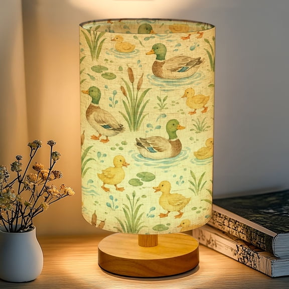 16-Color Dimmable Table Lamp, Playful Duck Duckling Grass Water Elements Bedside Nightstand Light with Wood Base Fabric Shade, Gifts for Kids Bedroom Nursery Living Room Office