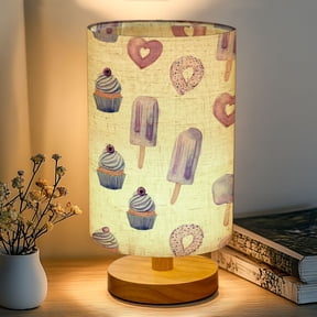 16-Color Dimmable Table Lamp, Purple Dessert Cupcakes Ice Bedside Lamp Nightstand Light for Bedroom Nursery, Wood Base Fabric Shade Reading Lamps Gifts for Kids