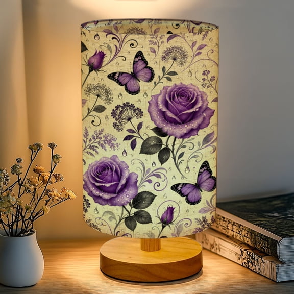 16-Color Dimmable Table Lamp, Purple Flower Rustic Butterfly Flower Purple Rose Bedside Nightstand Light with Wood Base Fabric Shade, Gifts for Kids Bedroom Nursery Living Room Office