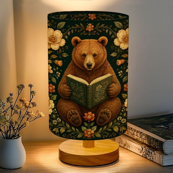16-Color Dimmable Table Lamp, Reading Bear Surrounded by Floral Accents wildlife nature Bedside Lamp Nightstand Light for Bedroom Nursery, Wood Base Fabric Shade Reading Lamps Gifts for Kids