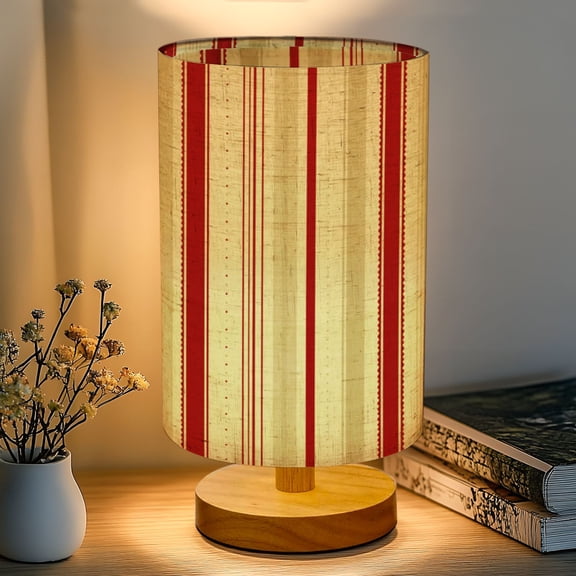 16-Color Dimmable Table Lamp, Red White Vertical Striped Retro Circus Style Bedside Nightstand Light with Wood Base Fabric Shade, Gifts for Kids Bedroom Nursery Living Room Office