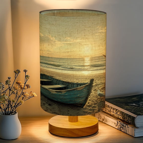16-Color Dimmable Table Lamp, Rustic Blue Rowboat Sandy Beach Seagull Ocean Waves Sunrise Bedside Lamp Nightstand Light for Bedroom Nursery, Wood Base Fabric Shade Reading Lamps Gifts for Kids