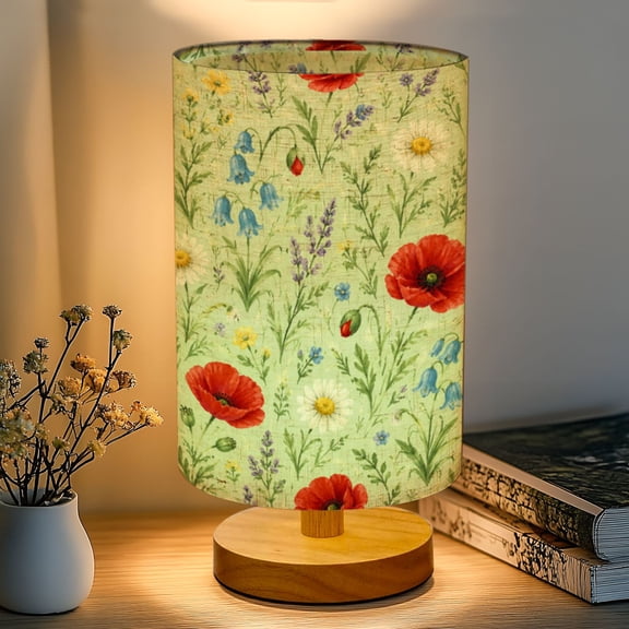 16-Color Dimmable Table Lamp, Rustic Farmhouse Wooden Country Meadow Landscape Blue Bedside Nightstand Light with Wood Base Fabric Shade, Gifts for Kids Bedroom Nursery Living Room Office
