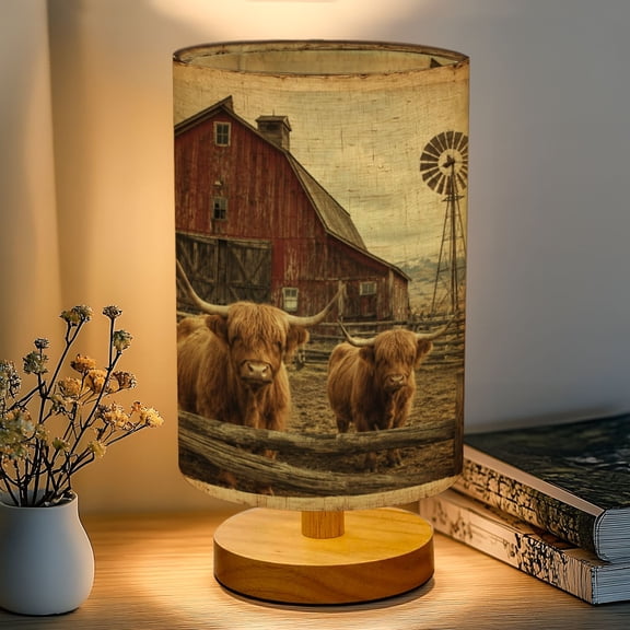 16-Color Dimmable Table Lamp, Rustic Red Barn Highland Cows Windmill Countryside Landscape Bedside Lamp Nightstand Light for Bedroom Nursery, Wood Base Fabric Shade Reading Lamps Gifts for Kids