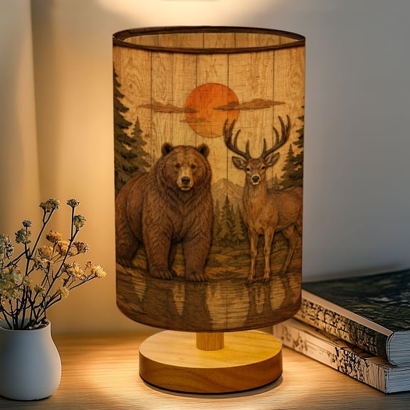 16-Color Dimmable Table Lamp, Rustic Woodland Bear Deer Pine Forest Sunset Bedside Lamp Nightstand Light for Bedroom Nursery, Wood Base Fabric Shade Reading Lamps Gifts for Kids