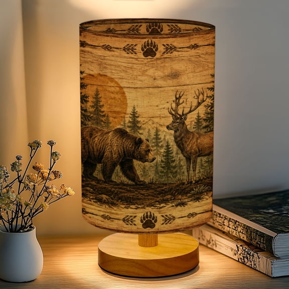 16-Color Dimmable Table Lamp, Rustic Woodland Bear Deer Pine Trees Sun Wooden Bedside Lamp Nightstand Light for Bedroom Nursery, Wood Base Fabric Shade Reading Lamps Gifts for Kids