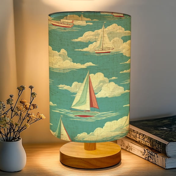 16-Color Dimmable Table Lamp, Sailboats Floating Soft Clouds Blue Sky Bedside Lamp Nightstand Light for Bedroom Nursery, Wood Base Fabric Shade Reading Lamps Gifts for Kids