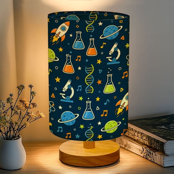 16-Color Dimmable Table Lamp, Science Innovation Rockets Molecules Laboratory Bedside Lamp Nightstand Light for Bedroom Nursery, Wood Base Fabric Shade Reading Lamps Back to School Gifts for Kids