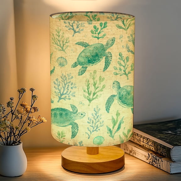 16-Color Dimmable Table Lamp, Sea Turtle Coral Reef Watercolor Tropical Bedside Lamp Nightstand Light for Bedroom Nursery, Wood Base Fabric Shade Reading Lamps Gifts for Kids