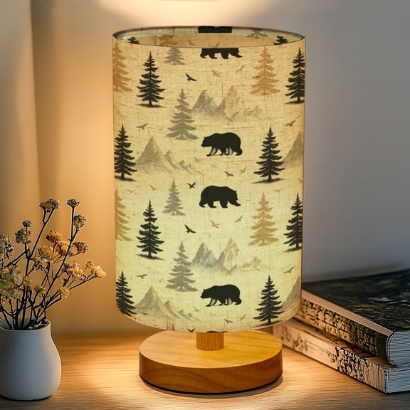 16-Color Dimmable Table Lamp, Silhouette Bears Birds Mountain Landscape Sunset Rustic Bedside Nightstand Light with Wood Base Fabric Shade, Gifts for Kids Bedroom Nursery Living Room Office