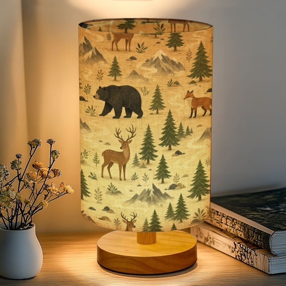 16-Color Dimmable Table Lamp, Silhouetted Bear Family Forest Sunrise Mountain Bedside Nightstand Light with Wood Base Fabric Shade, Gifts for Kids Bedroom Nursery Living Room Office