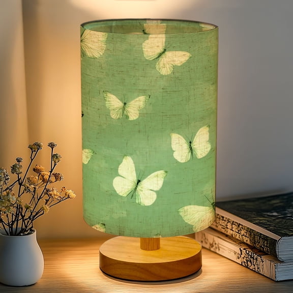 16-Color Dimmable Table Lamp, Soft Green Watercolor Butterflies Pastel Bedside Lamp Nightstand Light for Bedroom Nursery, Wood Base Fabric Shade Reading Lamps Gifts for Kids