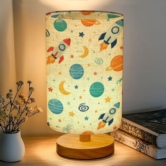 16-Color Dimmable Table Lamp, Space Cartoon Planets Rockets Planets Stars UFOs Space Bedside Nightstand Light with Wood Base Fabric Shade, Gifts for Kids Bedroom Nursery Living Room Office