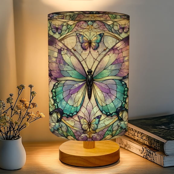 16-Color Dimmable Table Lamp, Stained Glass Butterfly Artwork Pastel Colors Floral Details Bedside Nightstand Light with Wood Base Fabric Shade for Bedroom Nursery Living Room Gifts