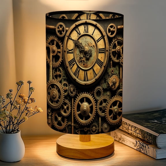 16-Color Dimmable Table Lamp, Steampunk Clock Intricate Gears Roman Numerals Bedside Lamp Nightstand Light for Bedroom Nursery, Wood Base Fabric Shade Reading Lamps Gifts for Kids