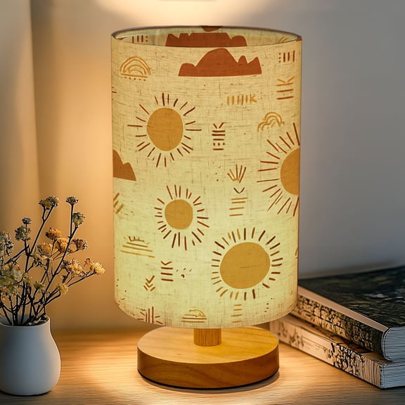 16-Color Dimmable Table Lamp, Sun Abstract Clouds Boho sunshine Bedside Lamp Nightstand Light for Bedroom Nursery, Wood Base Fabric Shade Reading Lamps Gifts for Kids