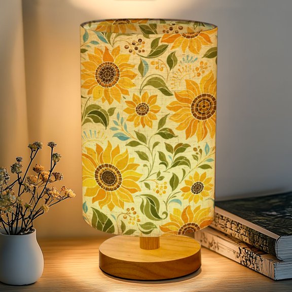 16-Color Dimmable Table Lamp, Sunflower Field Sunset Stained Glass Art Bedside Nightstand Light with Wood Base Fabric Shade, Gifts for Kids Bedroom Nursery Living Room Office