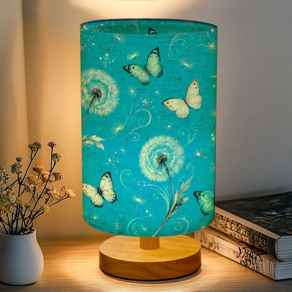 16-Color Dimmable Table Lamp, Teal Dandelion Modern Teal Grey Aesthetic Butterfly Bedside Nightstand Light with Wood Base Fabric Shade, Gifts for Kids Bedroom Nursery Living Room Office