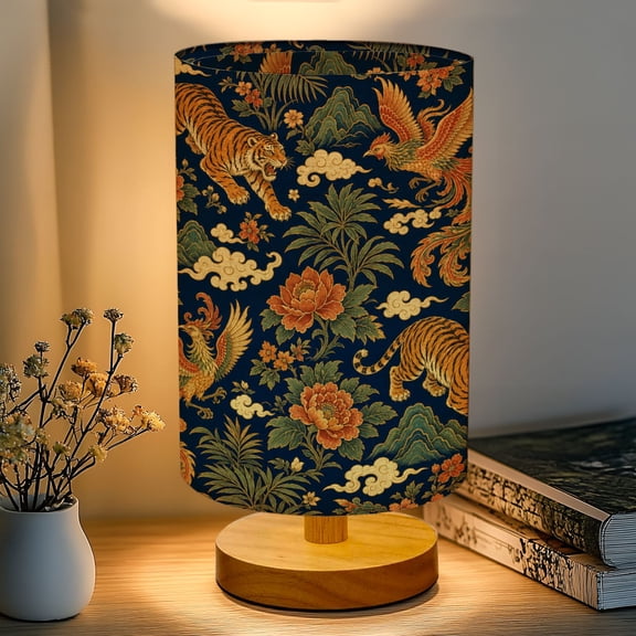 16-Color Dimmable Table Lamp, Tiger Flowers Clouds Dark Bedside Lamp Nightstand Light for Bedroom Nursery, Wood Base Fabric Shade Reading Lamps Gifts for Kids