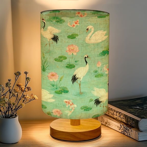 16-Color Dimmable Table Lamp, Tranquil Waterfall Scene Swans Cranes Lotus Flowers Bedside Nightstand Light with Wood Base Fabric Shade, Gifts for Kids Bedroom Nursery Living Room Office