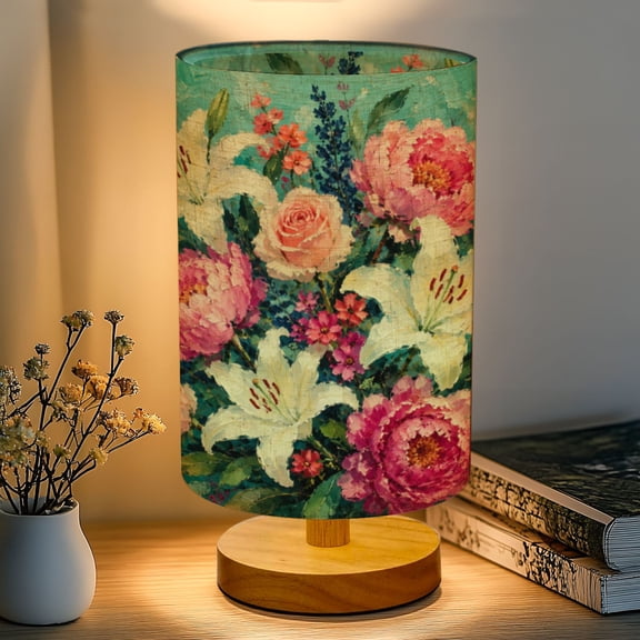 16-Color Dimmable Table Lamp, Vibrant Floral Peonies Roses Lilies Teal Bedside Lamp Nightstand Light for Bedroom Nursery, Wood Base Fabric Shade Reading Lamps Gifts for Kids