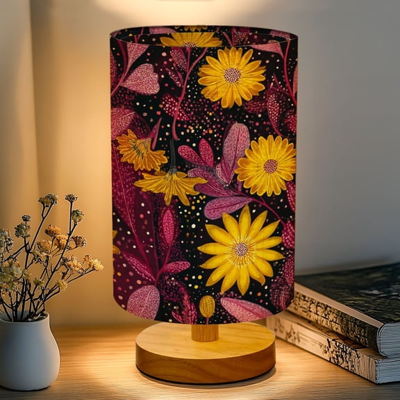 16-Color Dimmable Table Lamp, Vibrant Floral Yellow Daisies Purple Leaves Dark Bedside Lamp Nightstand Light for Bedroom Nursery, Wood Base Fabric Shade Reading Lamps Gifts for Kids