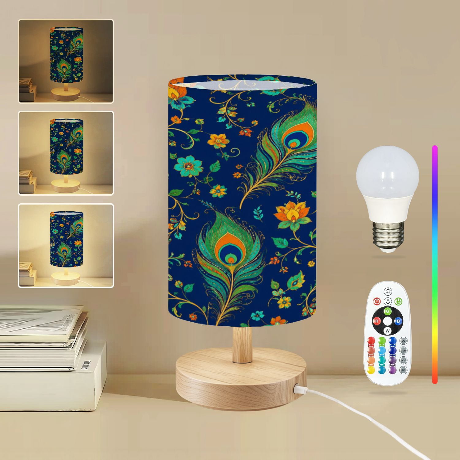 16-Color Dimmable Table Lamp, Vibrant Peacock Colorful Feathers ...