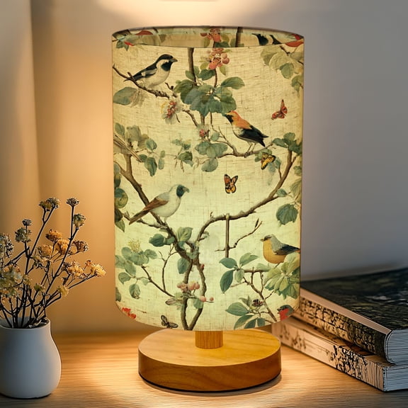 16-Color Dimmable Table Lamp, Vintage Botanical Birds Butterflies Floral Bedside Lamp Nightstand Light for Bedroom Nursery, Wood Base Fabric Shade Reading Lamps Gifts for Kids