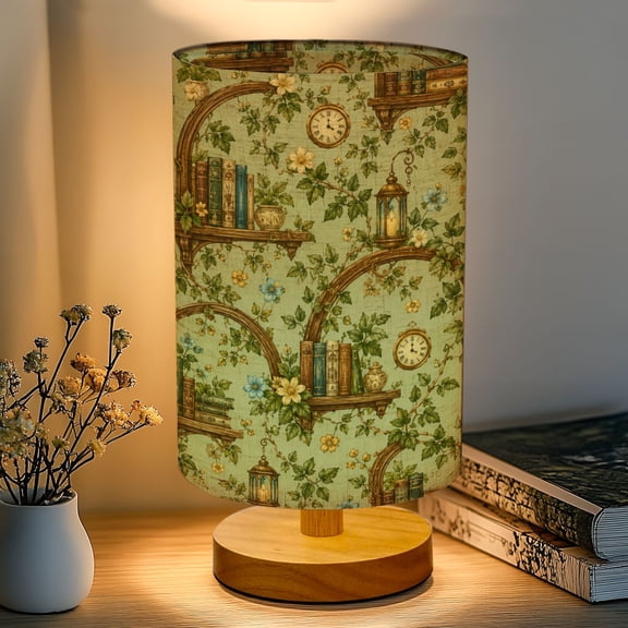 16-Color Dimmable Table Lamp, Vintage Botanical Bookshelves Lanterns Floral Sage Green Bedside Lamp Nightstand Light for Bedroom Nursery, Wood Base Fabric Shade Reading Lamps Gifts for Kids