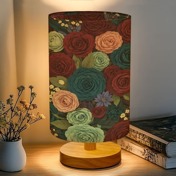 16-Color Dimmable Table Lamp, Vintage Botanical Rose Floral Burgundy Blue Sage Green Bedside Lamp Nightstand Light for Bedroom Nursery, Wood Base Fabric Shade Reading Lamps Gifts for Kids