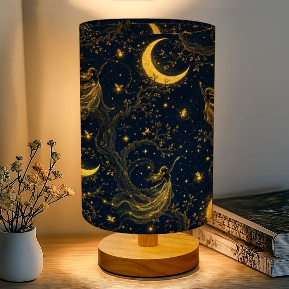 16-Color Dimmable Table Lamp, Vintage Fairy Dark Forest Abstract Full Moon Glowing Bedside Nightstand Light with Wood Base Fabric Shade, Gifts for Kids Bedroom Nursery Living Room Office