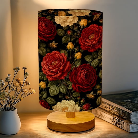16-Color Dimmable Table Lamp, Vintage Style Red White Yellow Roses Bees Dark Bedside Nightstand Light with Wood Base Fabric Shade, Gifts for Kids Bedroom Nursery Living Room Office