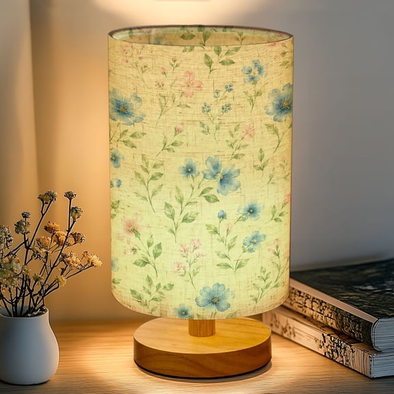 16-Color Dimmable Table Lamp, Watercolor Floral Blue Pink Wildflowers Beige Bedside Lamp Nightstand Light for Bedroom Nursery, Wood Base Fabric Shade Reading Lamps Gifts for Kids
