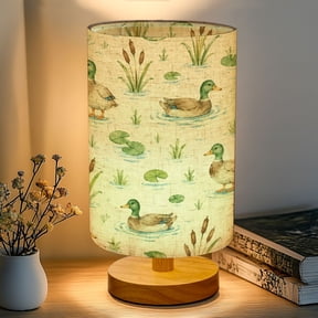 16-Color Dimmable Table Lamp, Watercolor Mallard Duck Green Leaves Blue Dots Bedside Nightstand Light with Wood Base Fabric Shade, Gifts for Kids Bedroom Nursery Living Room Office
