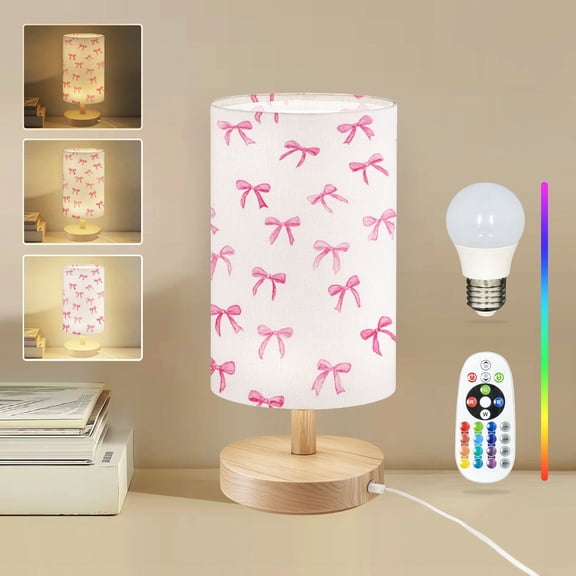 16-Color Dimmable Table Lamp, Watercolor Pink Bow White Bedside Lamp Nightstand Light for Bedroom Nursery, Wood Base Fabric Shade Reading Lamps Gifts for Kids