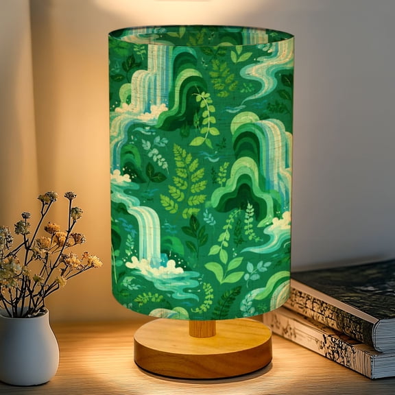 16-Color Dimmable Table Lamp, Waterfall Landscape Nature Lake Waterfalls Greenery Bedside Nightstand Light with Wood Base Fabric Shade, Gifts for Kids Bedroom Nursery Living Room Office