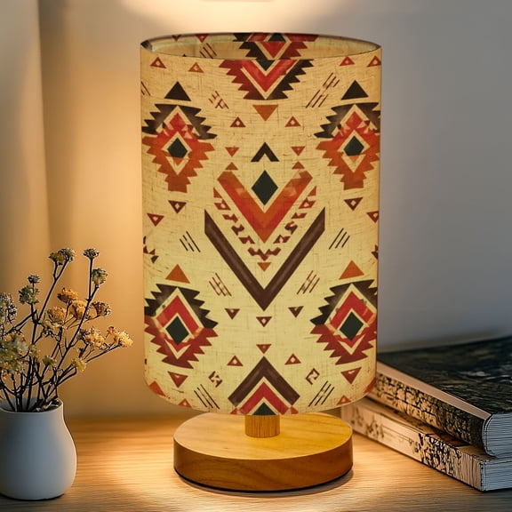 16-Color Dimmable Table Lamp, Western Southwestern Farmhouse Tribal Shapes Wooden Bedside Nightstand Light with Wood Base Fabric Shade, Gifts for Kids Bedroom Nursery Living Room Office