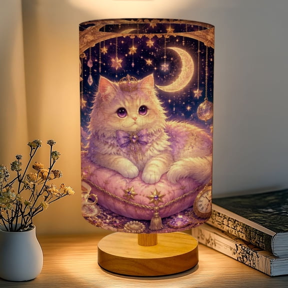 16-Color Dimmable Table Lamp, Whimsical Pastel Cat Moon Star Dreamy Bedside Lamp Nightstand Light for Bedroom Nursery, Wood Base Fabric Shade Reading Lamps Gifts for Kids