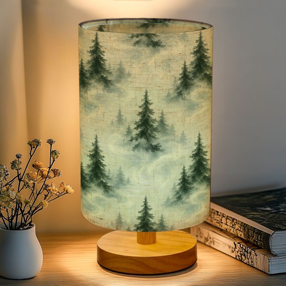 16-Color Dimmable Table Lamp, Winter Forest Evergreen Trees Misty Sky Bedside Lamp Nightstand Light for Bedroom Nursery, Wood Base Fabric Shade Reading Lamps Gifts for Kids