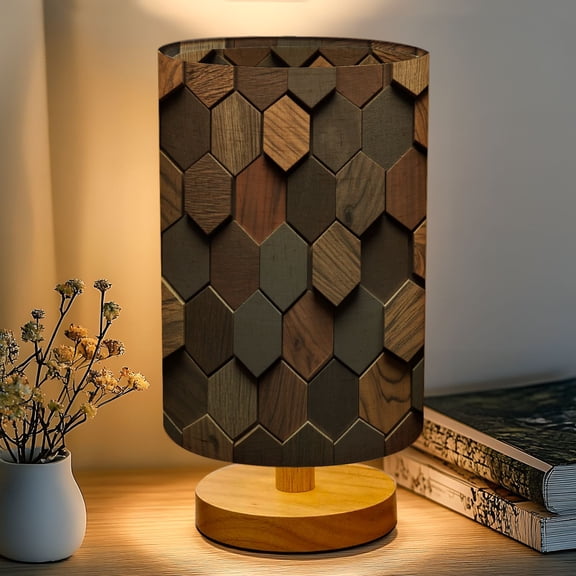 16-Color Dimmable Table Lamp, Wooden Hexagon Various Dark Tones Bedside Lamp Nightstand Light for Bedroom Nursery, Wood Base Fabric Shade Reading Lamps Gifts for Kids