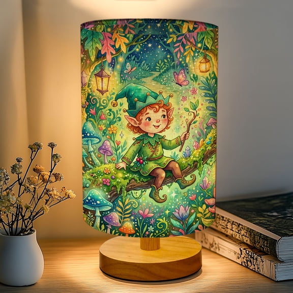 16-Color Dimmable Table Lamp for Bedroom, Cheerful Elf Nightstand Lamp with Wood Base Fabric Shade, Gifts for Nursery Living Room Reading Room