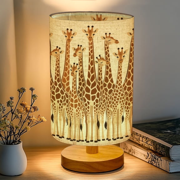 16-Color Dimmable Table Lamp for Bedroom, Giraffes Nightstand Lamp with Wood Base Fabric Shade, Gifts for Nursery Living Room Reading Room