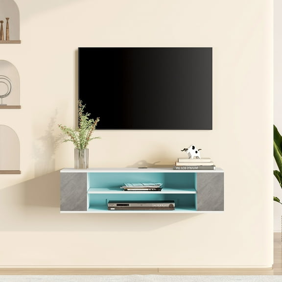 16-Color Light Floating TV Stand Wall Mounted, Modern Floating Media Storage Shelves TV for Wall, 39.3 inch, White&Grey