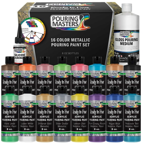 Pouring Masters 16-Color Ready-to-Pour Acrylic Pouring Paint Set, with Silicone Oil & Gloss Medium, 8oz Bottles, Pour Paint Supplies for Canvas & Crafts